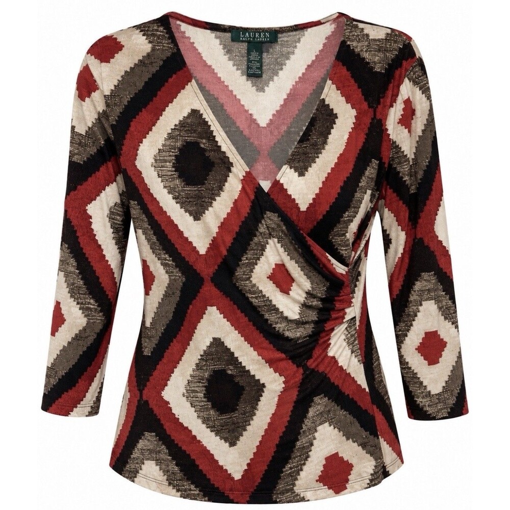 LAUREN RALPH LAUREN Wrap Top L Geometric Stretch 3/4 Sleeve Fall Red Brown Chic